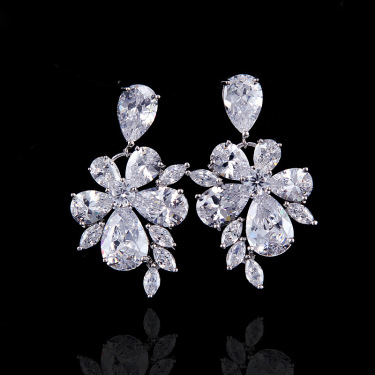 The bride wedding dress suit party 3A zircon Flower Necklace Earrings gift jewelry fashion ornaments set—2
