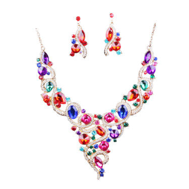 Aliexpress explosion of Europe color diamond necklace earrings set exaggerated bride fashion jewelry—2