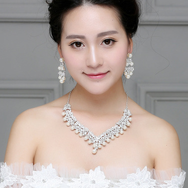 White pearl necklace diamond suit bride wedding accessories hair earrings set 0284—2