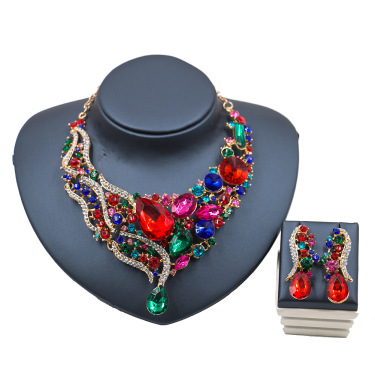 2021 speed selling explosion, Middle East, Europe and America, colorful exaggerated bride necklace, earring set copper alloy—9