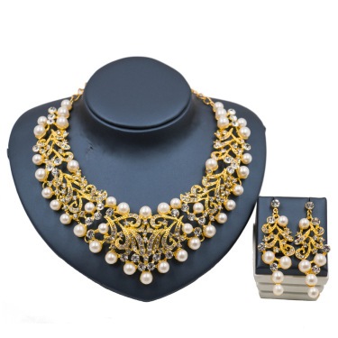 2021 Amazon quick sell explosion, bride Pearl Glass, diamond banquet, necklace, earring set, alloy—1