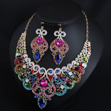 Europe and the United States luxury Color Gemstone short clavicle, necklace, earrings set dress dinner, bride jewelry—1