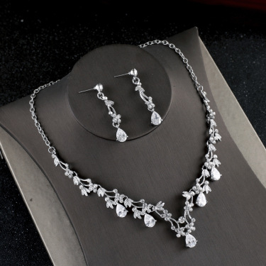 Simple Zircon Necklace Earrings Korean Bride Wedding Necklace set dinner party dress jewelry accessories—1
