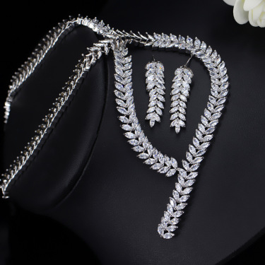 European luxury jewelry bride green copper plating hypoallergenic AAA Zircon Earrings Necklace Set—2