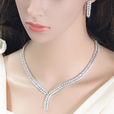 European luxury jewelry bride green copper plating hypoallergenic AAA Zircon Earrings Necklace Set—3