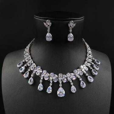 Bridal Wedding Deluxe luxury zircon necklace, earring, earring set, chain wedding dress, accessories—6