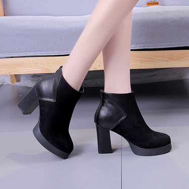 European and American 2021 new type of women's leather splice waterproof platform, pure color high heeled high heels—3