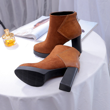 European and American 2021 new type of women's leather splice waterproof platform, pure color high heeled high heels—4