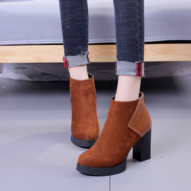 European and American 2021 new type of women's leather splice waterproof platform, pure color high heeled high heels—2
