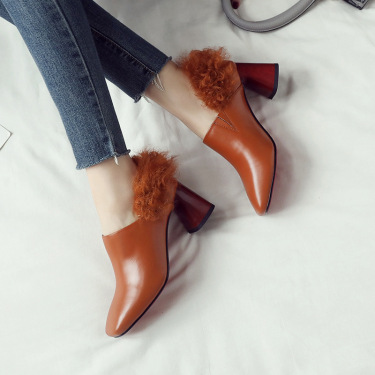 The Korean version of women's 2021 new winter boots leather shoes with heels thick furry boots female nude deep—1