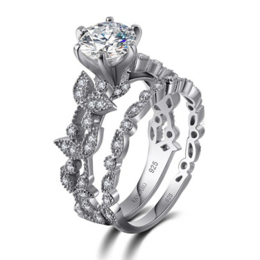 New European and American princess ring diamond set ring tree leaf engagement ring—4