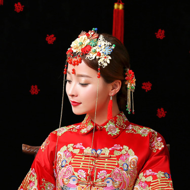 Wo Chinese wedding bride clothing show hair headdress headdress costume bride crown hair hanging dragon phoenix coronet and robes of rank—1