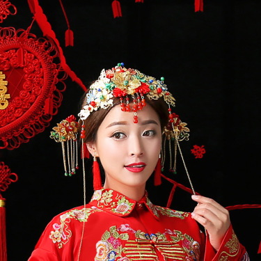 Wo Chinese wedding bride clothing show hair headdress headdress costume bride crown hair hanging dragon phoenix coronet and robes of rank—3