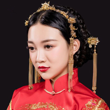 Chinese wedding bride headdress hairpin tassel Hoop Earrings Set Wedding Gown Costume show kimono Longfeng jewelry—1