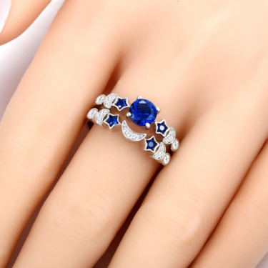 New creative moon ring women Europe and the United States inlaid blue gem engagement ring—4