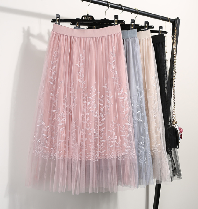 Elegant Tulle Floral Embroidery A-line Mesh Midi Skirt - CJdropshipping