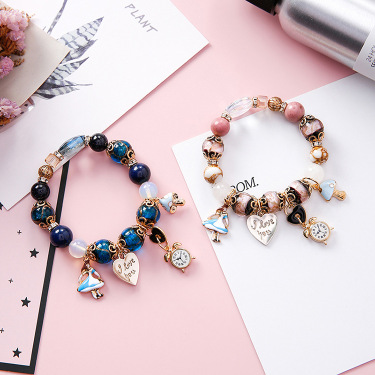 Bohemian ethnic wind girl clock love letter lock colorful glass beads creative beaded bracelet—3