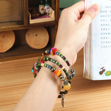 National vintage wooden bracelet of buddhist beads shell hanging starfish leaf wood bracelet female style wooden bead bracelet—2