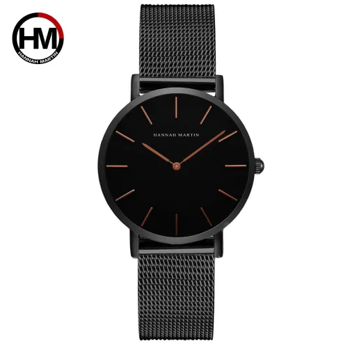 style: Black rose gold - Japan Quartz Movement High Quality 36mm hannah Martin Women Stainless Steel Mesh Rose Gold Waterproof Ladies Watch