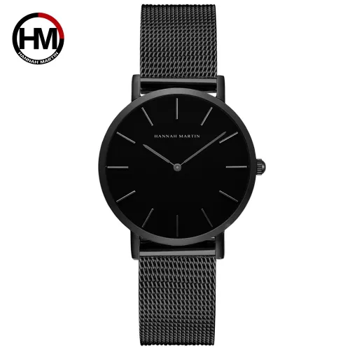 style: Black - Japan Quartz Movement High Quality 36mm hannah Martin Women Stainless Steel Mesh Rose Gold Waterproof Ladies Watch