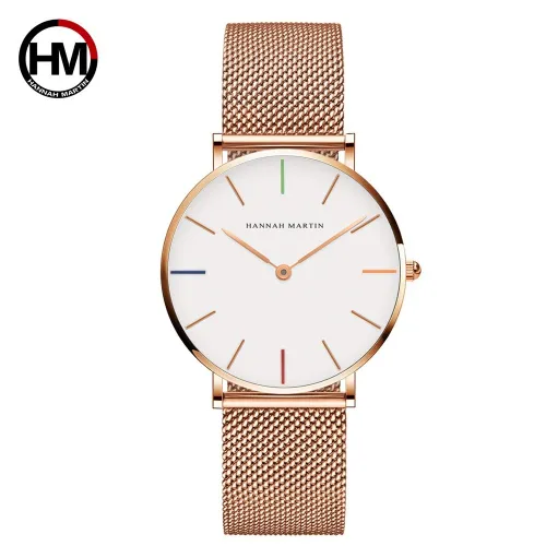 style: Multi - Japan Quartz Movement High Quality 36mm hannah Martin Women Stainless Steel Mesh Rose Gold Waterproof Ladies Watch