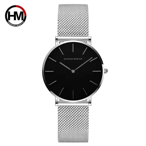 style: Silver black - Japan Quartz Movement High Quality 36mm hannah Martin Women Stainless Steel Mesh Rose Gold Waterproof Ladies Watch
