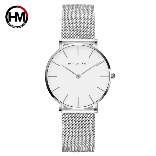 style: Silver - Japan Quartz Movement High Quality 36mm hannah Martin Women Stainless Steel Mesh Rose Gold Waterproof Ladies Watch
