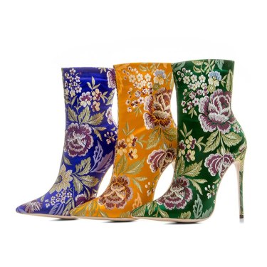 New autumn and winter velvet pointed high-heeled Roman fashion generous color satin booties—1