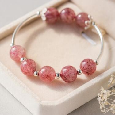 925 Sterling Silver  Natural Rose Quartz strawberry quartz &Lucky Ball Round Bead charms Bracelet—2