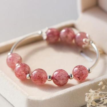 925 Sterling Silver  Natural Rose Quartz strawberry quartz &Lucky Ball Round Bead charms Bracelet—1