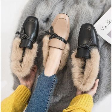 Fur shoes female 2021 spring new wild thick with velvet wind shoes square head shoes—6