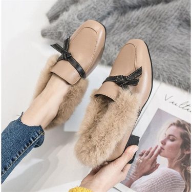 Fur shoes female 2021 spring new wild thick with velvet wind shoes square head shoes—4