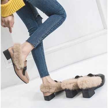 Fur shoes female 2021 spring new wild thick with velvet wind shoes square head shoes—5
