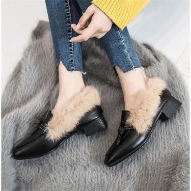 Fur shoes female 2021 spring new wild thick with velvet wind shoes square head shoes—7