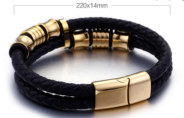 Gold Color Stainless Steel Leather Bracelet