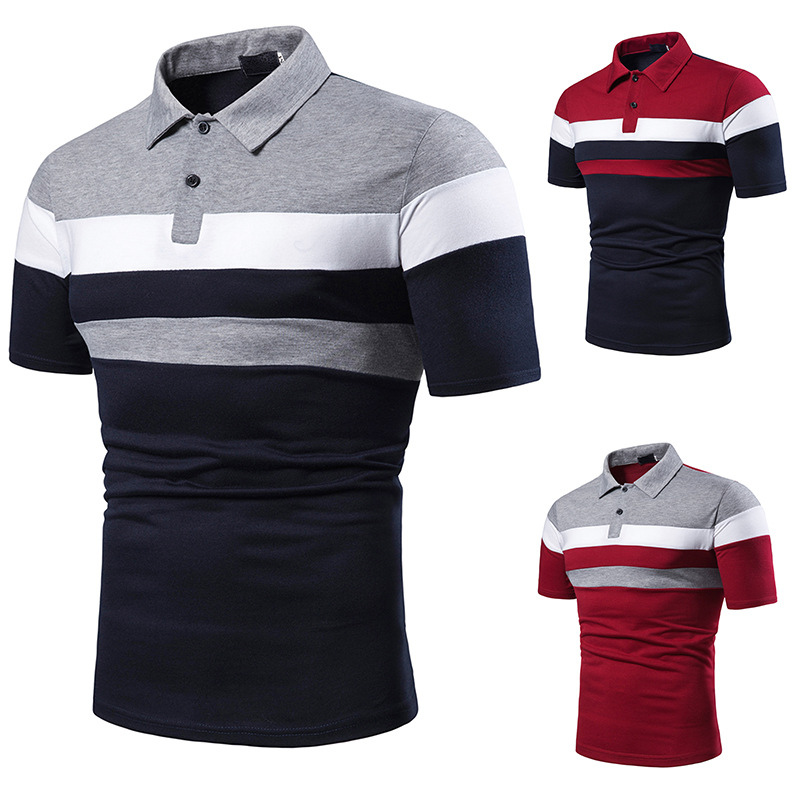 Three-striped colorblock men's lapel T-shirt - CJdropshipping