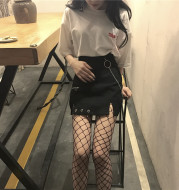 Vintage ring chain high waist wild black denim skirt