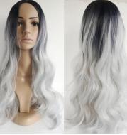 Black silver gray mid-point long curly hair cos fake