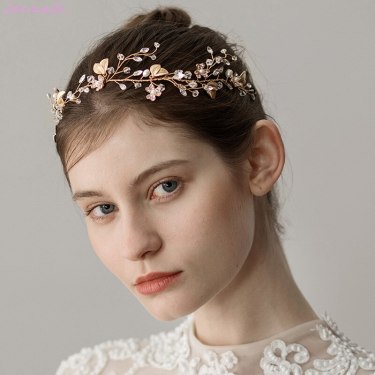 Sweet Crystal Branches Bridal Headgear Natural Wind Gold Leaf Bridal Headband—1