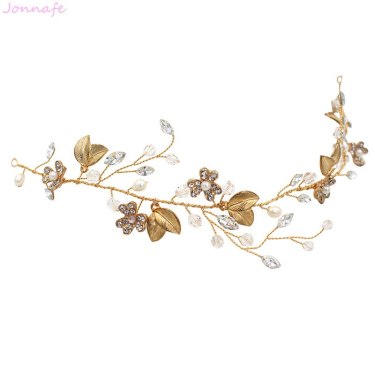 Sweet Crystal Branches Bridal Headgear Natural Wind Gold Leaf Bridal Headband—6