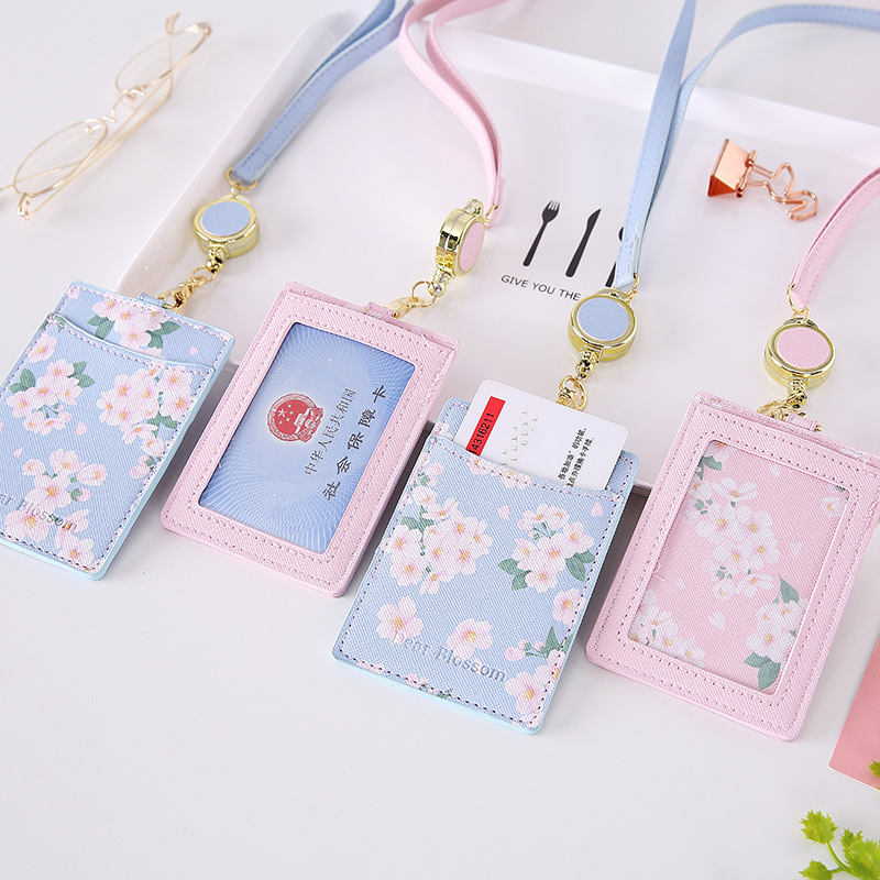 Newest Cherry Flowers PU Card Holder Retractable Lanyard 2 Bits Card Bag Women Identity Badge Reel Rope Card Case ID IC Holders