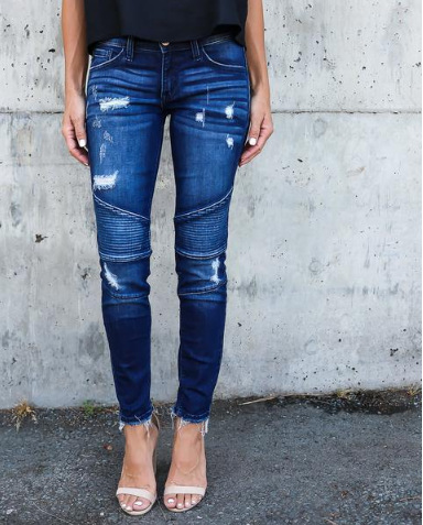 Slant Pocket Pleated & Ripped Raw Trim Skinny Jeans
