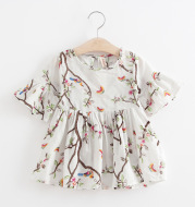 Girls Kids Skirts Flared Sleeve Printed Cotton Dress