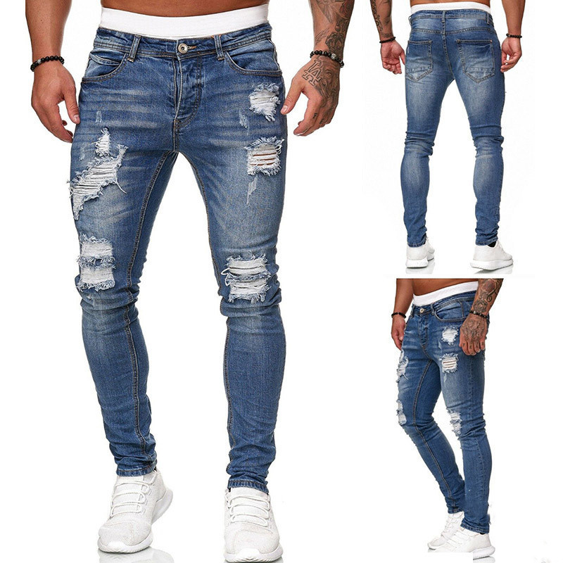 Men Slant Pocket Zipper Ripped Skinny Jeans