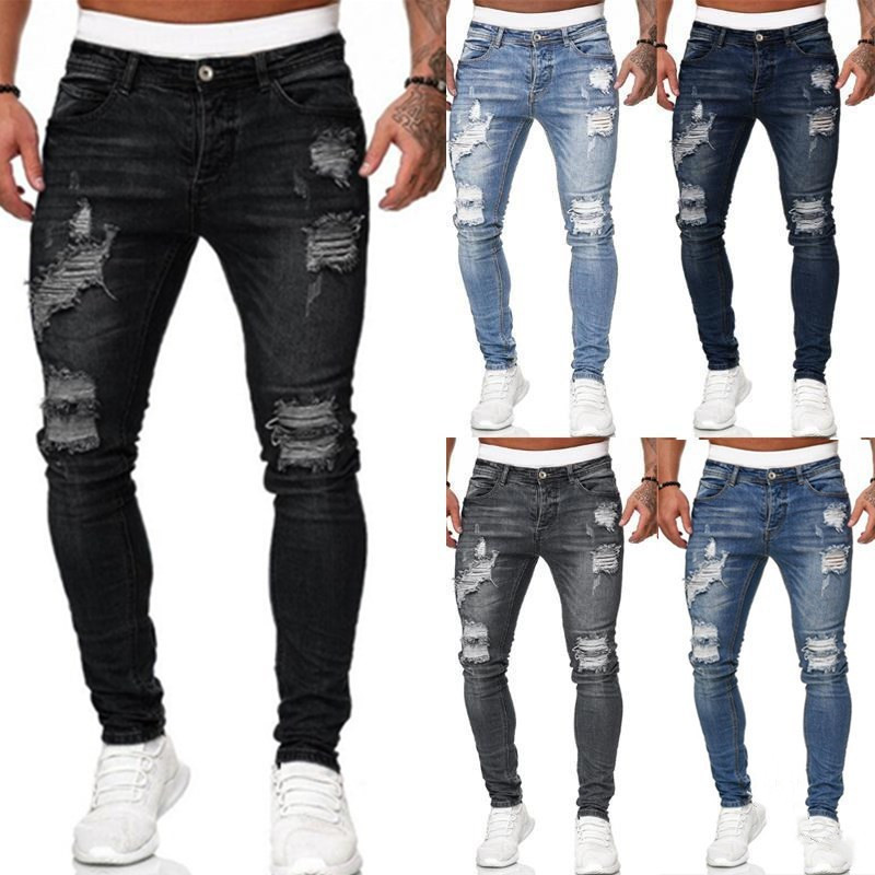 Men Slant Pocket Zipper Ripped Skinny Jeans