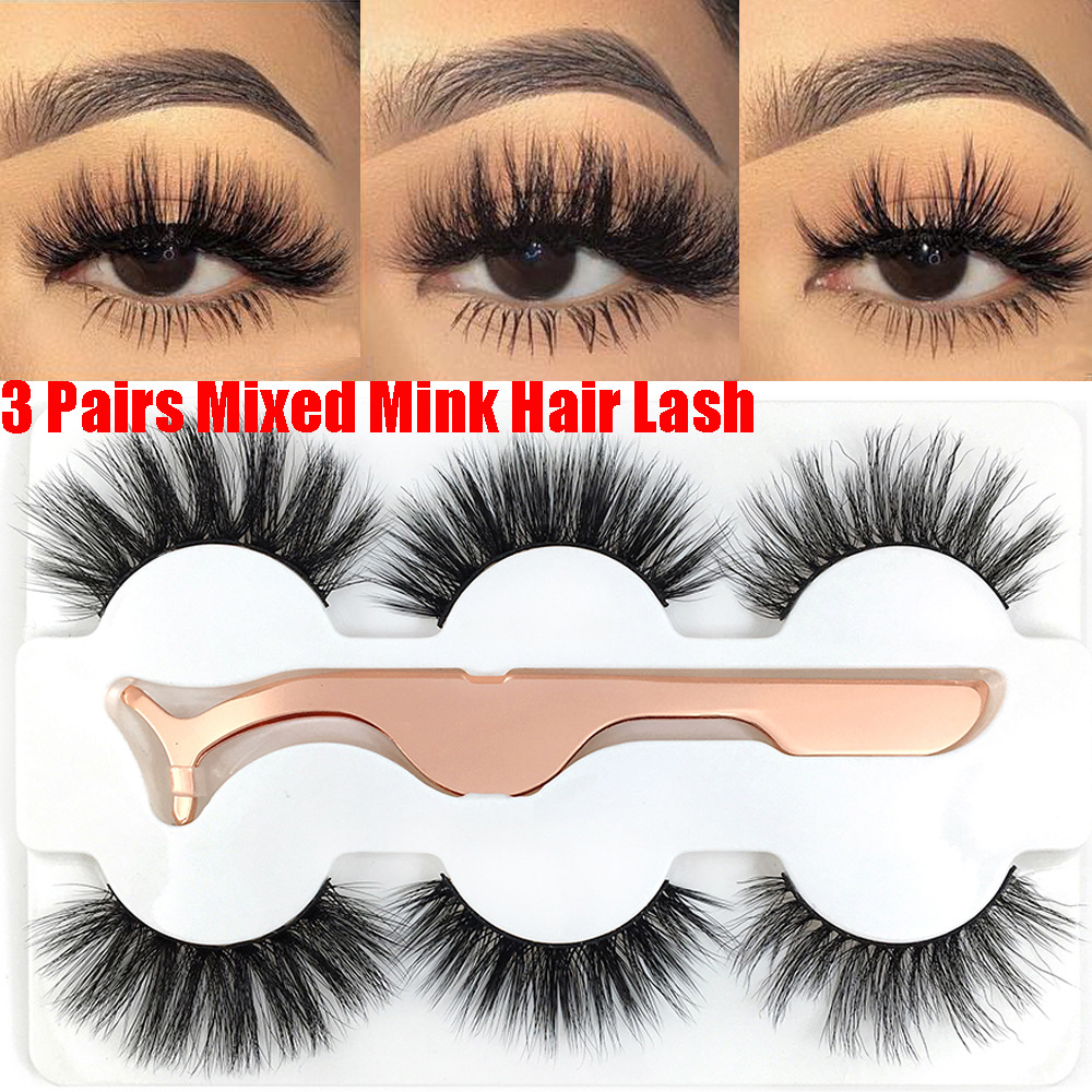 1613541291031 - 3 Pairs Of Mink Hair With Tweezers Thin And Thick Natural 6D False Eyelashes