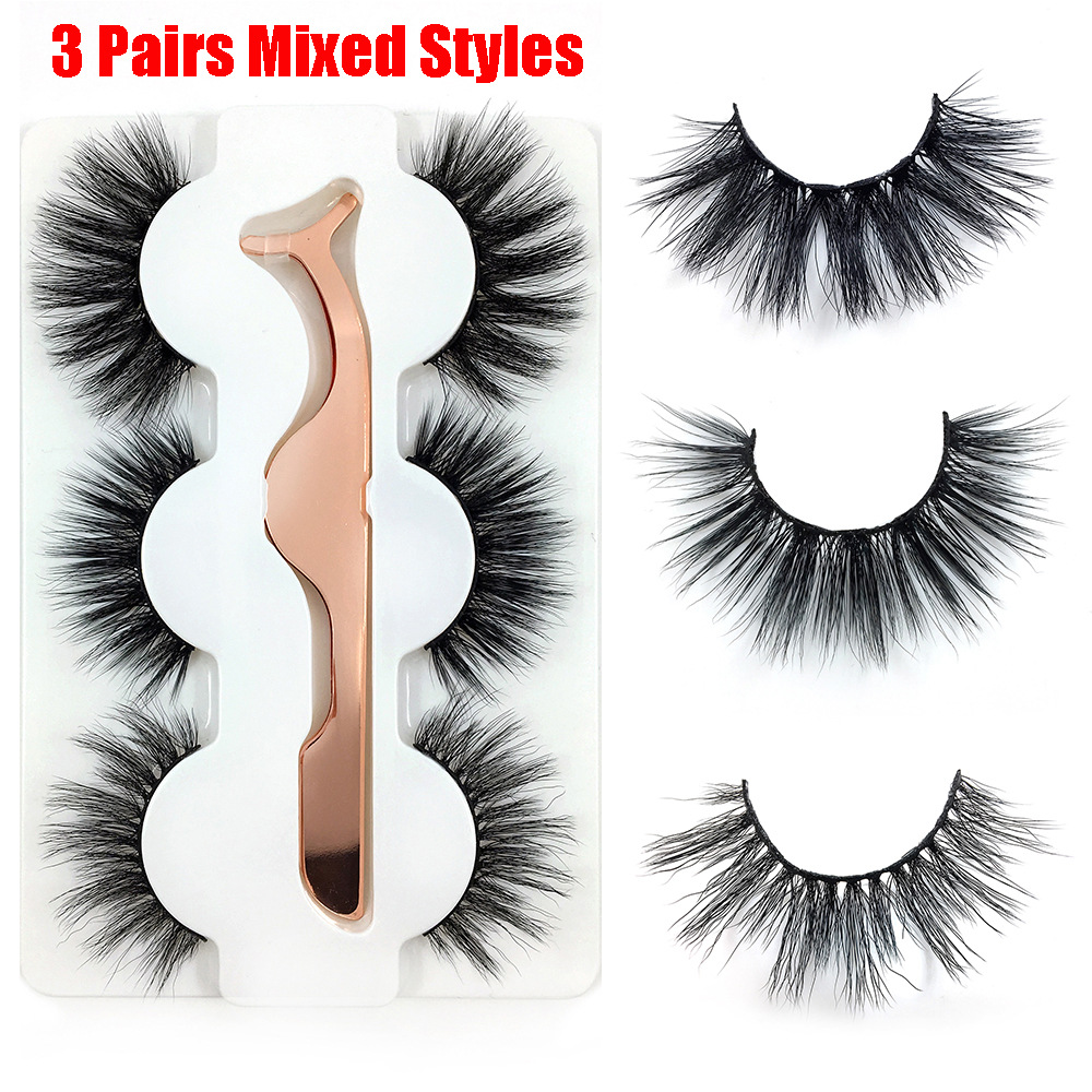 1613541291033 - 3 Pairs Of Mink Hair With Tweezers Thin And Thick Natural 6D False Eyelashes