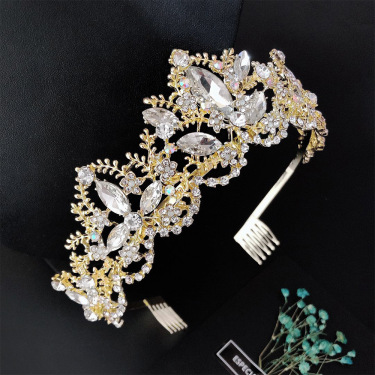 Baroque Exquisite Crown Bridal Light Gold Crown Wedding Accessories—1