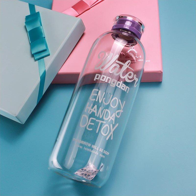 Enjoy refillable glass water bottle purple lid