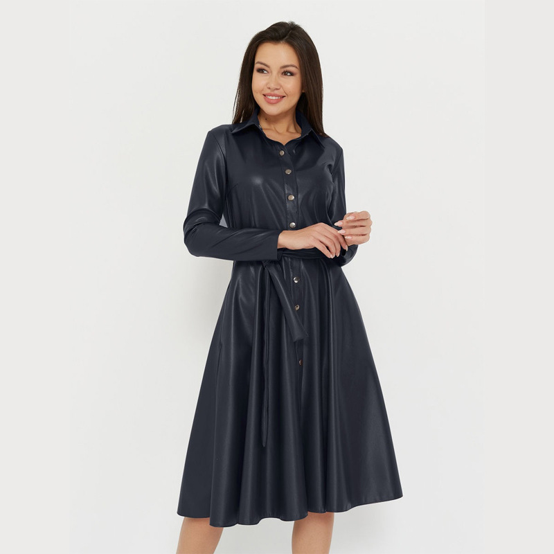 Ladies Long Sleeve Lapel Collar PU Leather Skirt A-line Button Belt Dress shopper-ever.myshopify.com